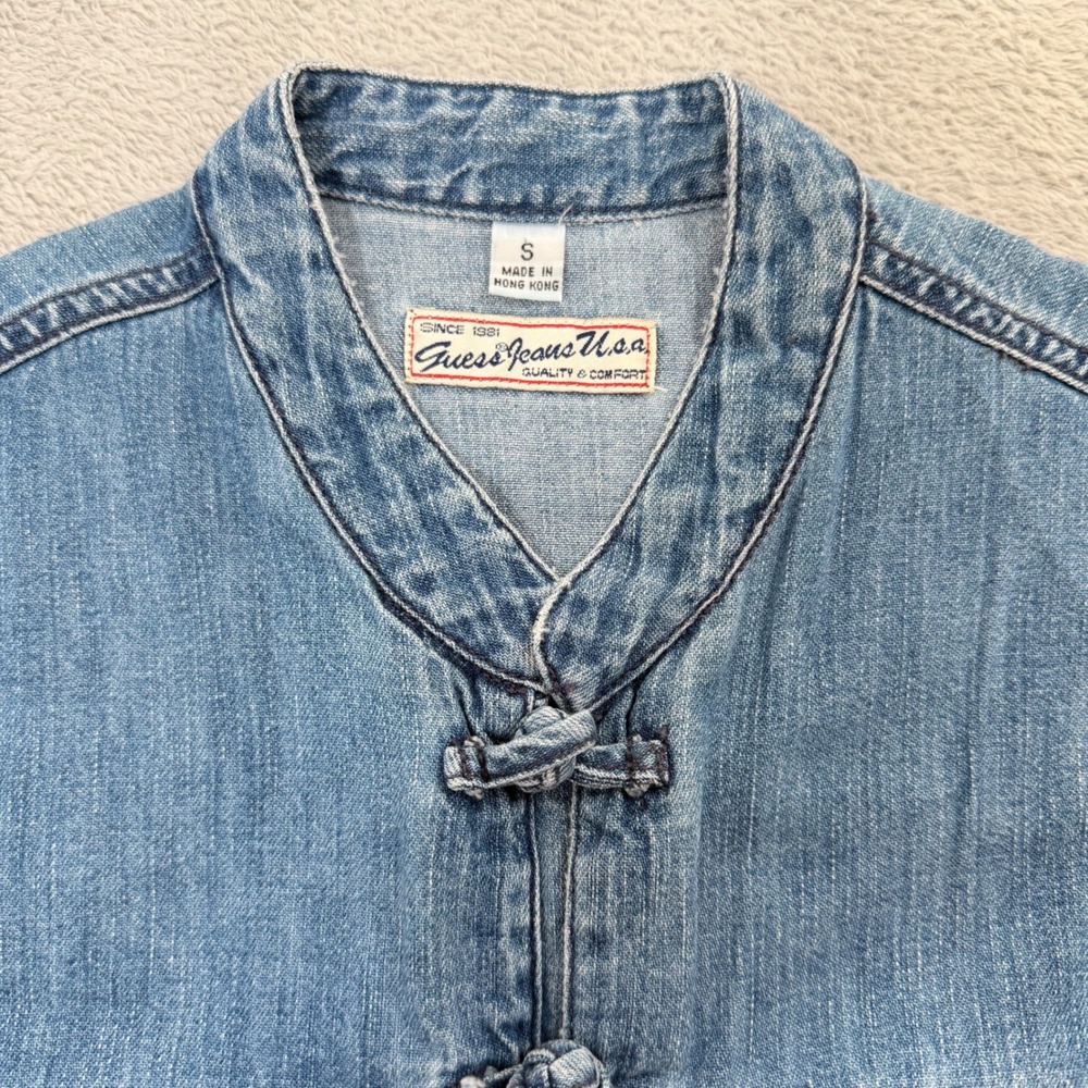 VTG Guess Jeans USA Denim Vest Indigo Frog Knot Button Mandarin Collar Retro 90s - Picture 4 of 9